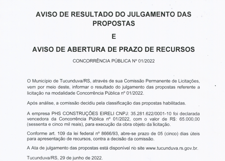   CONCORRÊNCIA Nº 01_2022 - SUBESTAÇÃO - AVISO DE RESULTADO JULGAMENTO PROPOSTAS E ABERTURA PRAZO DE RECURSOS